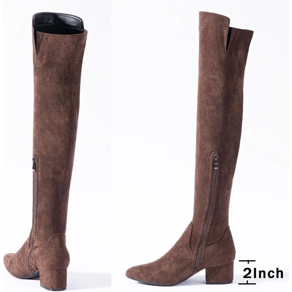 Women Coffee\2 Ihch Suede Over the Knee Thigh High Chunky Block Heel Boots